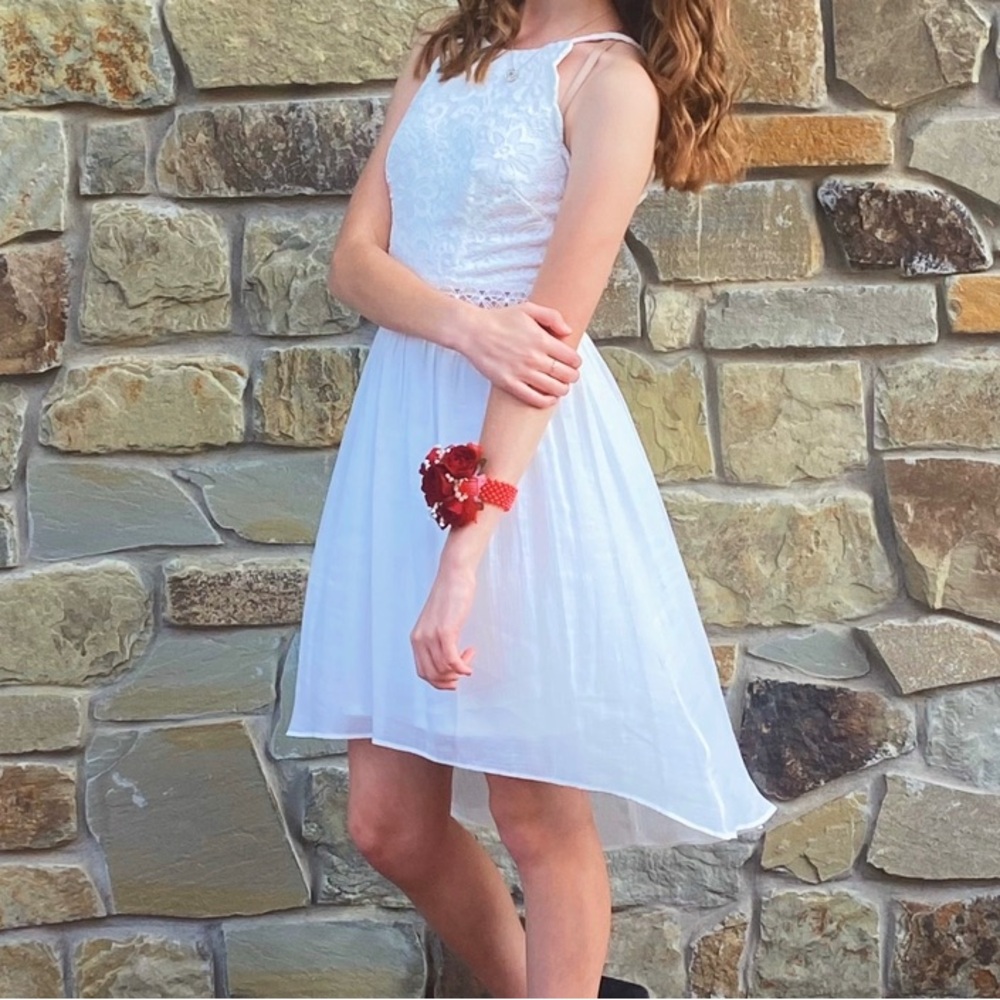 White Formal Lace Cutout High Low Dress